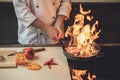 Mature man professional chef cooking meal indoors