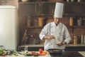 Mature man professional chef cooking meal indoors Royalty Free Stock Photo