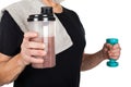 Mature man with protein shake and dumbbell Royalty Free Stock Photo