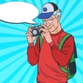 Mature Man Taking Picture with Photo Camera. Senior Tourist. Pop Art illustration