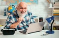 Mature man teacher on balckboard background. Old teacher loves smiles. Royalty Free Stock Photo