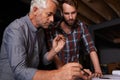 Mature man, teacher and student for architecture, student by watch, listen and creative training. Artist, paper and Royalty Free Stock Photo