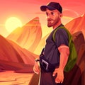 Mature man traveler or tourist with backpack, guy