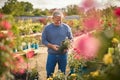 Mature Man With Trolley Outdoors In Garden Centre Choosing Plants  And Buying Rose Royalty Free Stock Photo