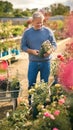 Mature Man With Trolley Outdoors In Garden Centre Choosing Plants  And Buying Rose Royalty Free Stock Photo