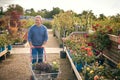 Mature Man With Trolley Outdoors In Garden Centre Choosing Plants  And Buying Rose Royalty Free Stock Photo