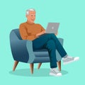 Mature man using laptop sitting on armchair in living room. Happy confident senior male adult resting at home working on pc.Flat Royalty Free Stock Photo