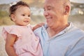 Mature mixed race man and his granddaughter at the beach. Cute little girl spending time with her grandfather outside at Royalty Free Stock Photo