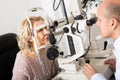 Mature optician examinating eyesight with aid of slit lamp Royalty Free Stock Photo