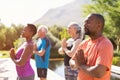 Mature people meditating together at park