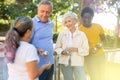 Mature petanque players share their impressions of their game Royalty Free Stock Photo