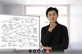 Mature professor teaching mathematics to students in classroom. Teacher man solving math problem while writing on white board with Royalty Free Stock Photo