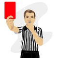 Mature referee showing red card warning blowing whistle Royalty Free Stock Photo