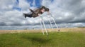 Mature Senior Man Fly in Sky With Walker, Young at Heart Royalty Free Stock Photo