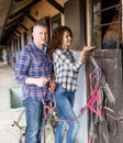 Mature smiling couple with girth feeding a horse at stable Royalty Free Stock Photo