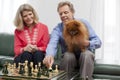 Mature smiling couple playing chess in a bright living room Royalty Free Stock Photo