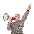 Mature Soldier Shouting Through Megaphone