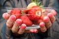 Mature strawberries in a glass Cup in women`s hands