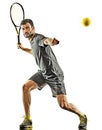Mature tennis player man forehand silhouette isolated white background