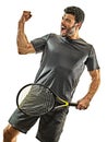 Mature tennis player man happy winner strong powerful isolated white background Royalty Free Stock Photo