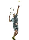 Mature tennis player man serving service isolated white background Royalty Free Stock Photo