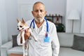 Mature veterinarian man checking dog health thinking attitude and sober expression looking self confident Royalty Free Stock Photo