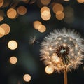 mature white dandelion macro, bright lights in the background