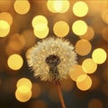 mature white dandelion macro, bright lights in the background