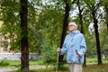 Mature woman active lifestyle. Caucasian old lady in blue hoodie and glasses does nordic walking in the park outdoor in Royalty Free Stock Photo