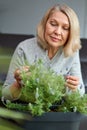 Mature woman caring home flowers.Flower plants at house