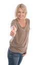 Mature woman giving thumbs up sign isolated on white background. Royalty Free Stock Photo