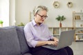 Mature woman in glasses is working typing laptop sitting on couch in her cozy office. Royalty Free Stock Photo