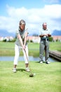 Mature, woman or golfer playing golf for fitness, workout or stroke exercise on a course in retirement. Senior couple Royalty Free Stock Photo