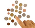 Mature, woman hand counting pennies, small change. Poverty concept. European euro coins, on white.