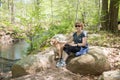 Mature Woman outdoors with dog Royalty Free Stock Photo