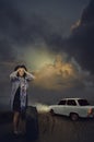 Mature woman panics when left alone at night road