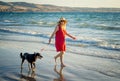 Mature woman and pet dog walking together on empty beach in the new normal after coronavirus Royalty Free Stock Photo