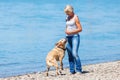 Mature woman plays with a dog riverside Royalty Free Stock Photo