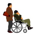 Mature woman pushing strolling with disabled man patient in wheelchair vector. Patient in wheelchair isolated on white. Nurse. Royalty Free Stock Photo