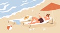 Mature woman relaxing and chilling on sandy beach at seaside resort on summer vacation. Female character lying on chaise