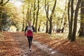 Mature Woman Running Through Autumn Woodland Royalty Free Stock Photo