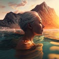 Mature woman swimming beach sea with beautiful sunset and mountain lanscape, generative ai