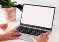 Mature woman typing on keyboard using laptop computer. White desktop and brick wall. Work, social, technology concept Royalty Free Stock Photo