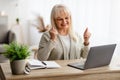 Mature woman using laptop celebrating success shaking fists Royalty Free Stock Photo