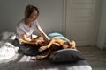 Mature woman wakes up and plays with Vizsla dog stroking pet stomach on bed closeup Royalty Free Stock Photo