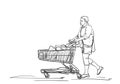 Mature woman walking with supermarket cart Vector sketch Royalty Free Stock Photo