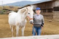 Mature woman walking white horse in paddock Royalty Free Stock Photo