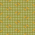 Mature yellow ears with daisies on a green-yellow background, banner with floral elements, seamless pattern