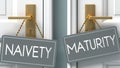 Maturity or naivety as a choice in life - pictured as words naivety, maturity on doors to show that naivety and maturity are Royalty Free Stock Photo