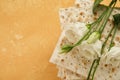 Matzah Passover celebration concept. Traditional ritual Jewish bread on sand color old wall background. Passover food. Pesach